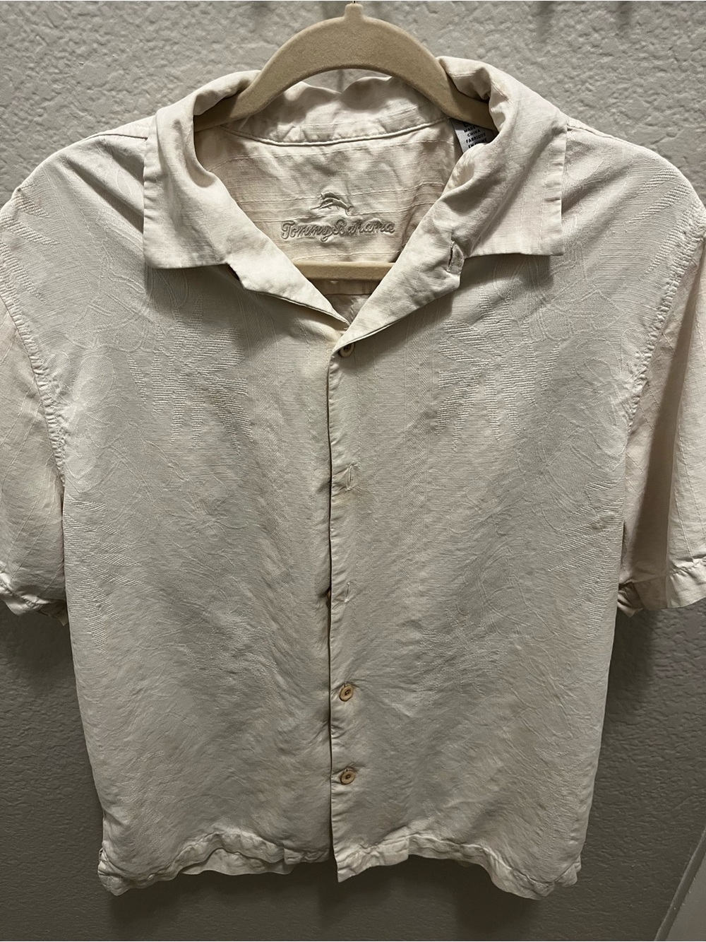 Tommy Bahama Mens Size L Cream Textured Floral Jacquard Short Sleeve Button Up